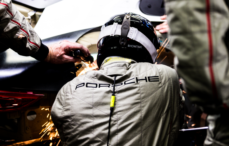 Sparks flew as the North American Porsche GT team tried to repair their GT3 RSR during the 24 Hours of Le Mans.